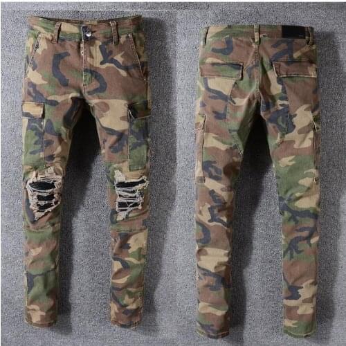 Mens Skinny Cargo Jeans Streetwear Fashion Men Jeans Camouflage Military Pocket Denim Pantalon dechire 2021 hiphop militaire