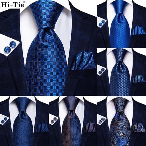 Hi-Tie Mens Necktie Navy Blue Solid Paisley Silk Wedding Tie For Men Hanky Cufflinks Set Business Party New Design Dropshipping