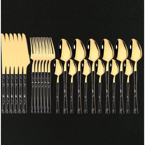 24Pcs/6Set Dinnerware Stainless Steel Knife Fork Spoon Mirror Black Golde Wooden Handle Dishwasher Kitchen Western Flatware