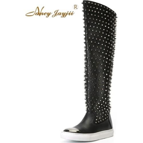 Nancyjayjii Casual Rivets Flat Heels Knee High Boots Winter Snow Black Pleather Round Toe Women Shoes zapatos botas mujer
