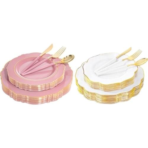 50-Piece Disposable Tableware Bronzing Lace-Shaped Plastic Plate Set Birthday Wedding Party Supplies