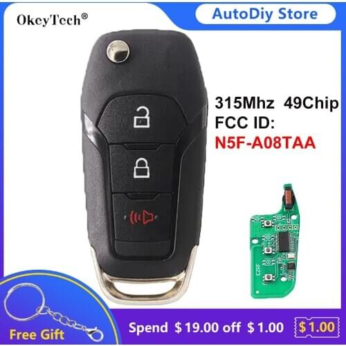Okeytech 3 Buttons Panic 315Mhz Remote Flip Control Car Key For Ford Fusion Escort Explorer FCC:N5F-A08TAA ID49 Transponder Chip