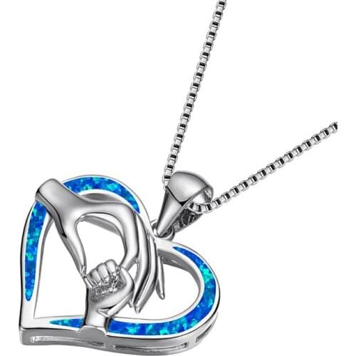 Vintage Silver Color Rose Gold Chain Necklace Hand in Hand Love Heart Pendant Necklace White Blue Opal Mom Necklaces For Women