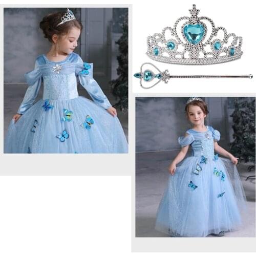 Elsa Blue Butterfly Princess Dress For Girls Shoulderless Lace Mesh Ball Gown For Kids Christmas Party Cosplay Costume For Child