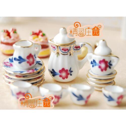 G05-X4332 children baby gift Toy 1:12 Dollhouse mini Furniture Miniature rement ceramics tea set 15pcs/set gold Plum