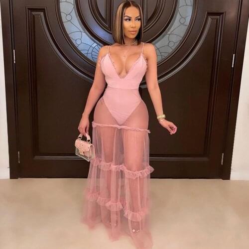 Sexy V-neck Spaghetti Strap Maxi Dresses for Women Elegant Mesh Sheer Ruffles Backless Bodycon Dress Night Club Party Dress Robe