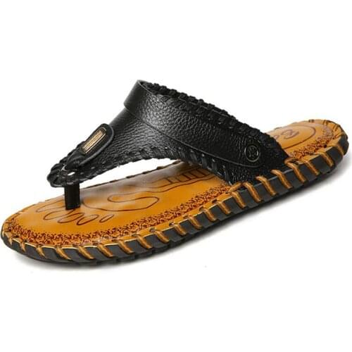 Men Leather Flip Flops Home Slippers Bath Brand Shoes Man Casual Beach Shoes Summer Outdoor Footwear Flat Sandals Indoor Slides