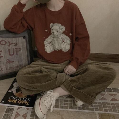 Deeptown Bear Print Sweatshirt Women Autumn Winter Clothes Women 2020 Kawaii Hoodies Women Long Sleeve Loose Pullover Women