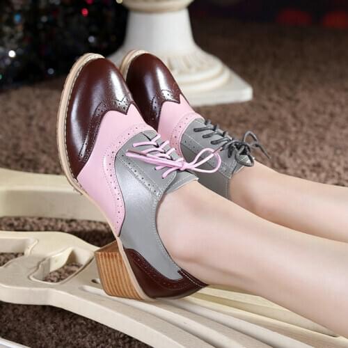 Spring XXXL Size 43 Brockden Handmade Thick Heel Genuine Leather Oxfords Shoes Woman Lacing Color Block Decoration Pump 5cm Heel