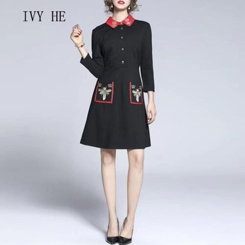 IVY HE High Quality Autumn Dress Woman Clothing Gold Thread Embroidery Brocade Cotton Midi Dress Traf ZAfu Vintage Party Dresses