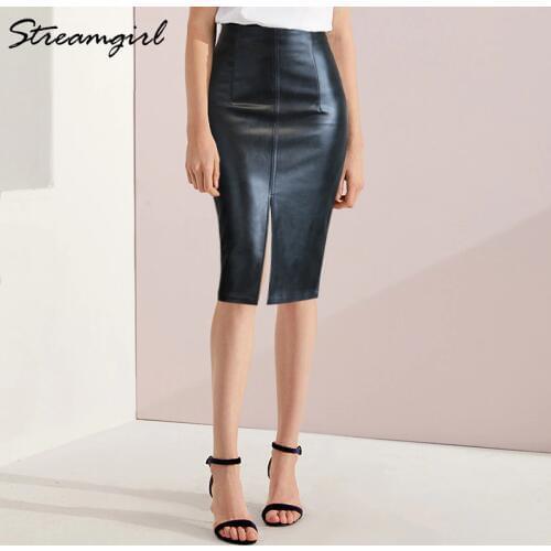 Faux Leather Skirt Women Plus Size Midi PU Pencil Skirts Womens Skirts With High Waist Office PU Faux Leather Skirt Women 4XL