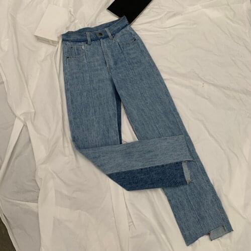Fashion 2021 New Ladies Loose Contrasting Color Mid-High Waist Deconstructed Jeans 1215