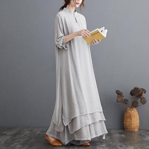 Two piece set Spring/Autumn Long sleeve Loose Casual Cotton and linen dress +Wide leg pants Womens sets 2 pieces