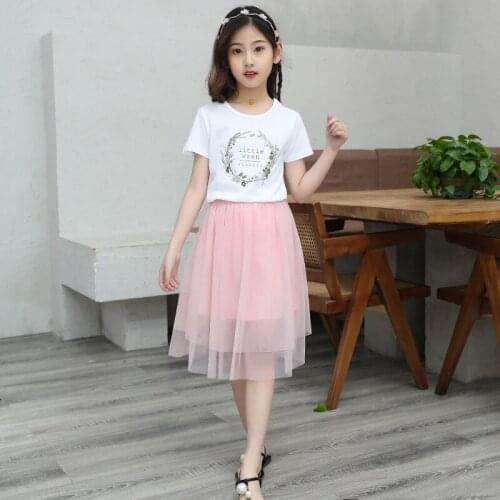 IENENS Girl Skirt Sets Summer Short Sleeves Clothes Suit Letter T-shirt + Lace Skirt 4-13 Years Kids Party Clothing Outfit