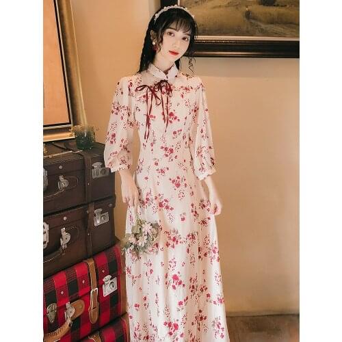 Womens retro floral high waist chiffon maxi dress autumn vintage elegant long dresses qipao improved modern stand collar tied up