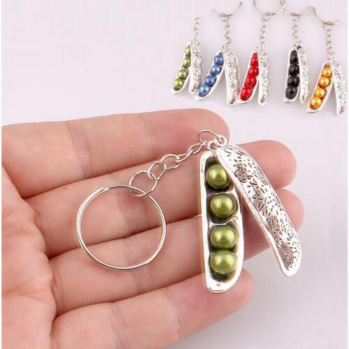 10pcs Creative Pea Plant Keychains 7mm Faux Pearl Red Black Green Beads Alloy Bean Pod Pendants Key Chains Trinket Key Ring