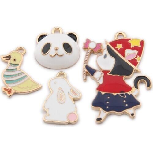 10pcs Cartoon Elf Girl Panda Rabbit Enamel Metal Charms Pendants DIY Jewelry Earring Making DIY Jewelry Making Finding Gold Base