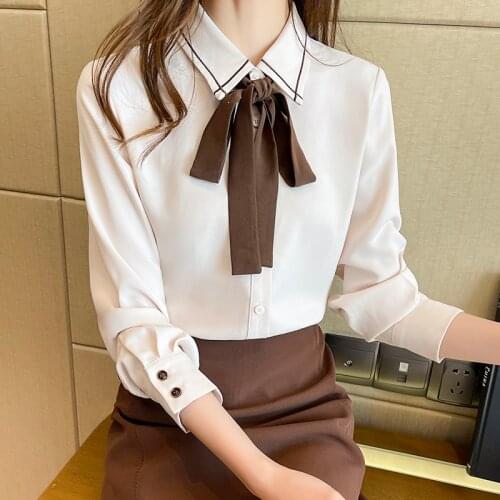 2021 New Ladies Loose Long-sleeved Bowknot Blouse Korean Fashion Lapel Button Up Shirt Plus Size Women Tops