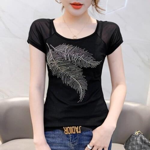 #6227 Black Red Blue Basic T Shirt Women With Diamonds Sexy Skinny Spliced Mesh Short Sleeve T Shirt Female O Neck Summer Tops