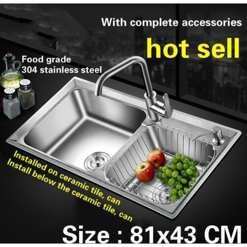 Free shipping large kitchen sink 0.8 mm thick food grade 304 stainless steel normal double - tank hot sell 810x430 MM