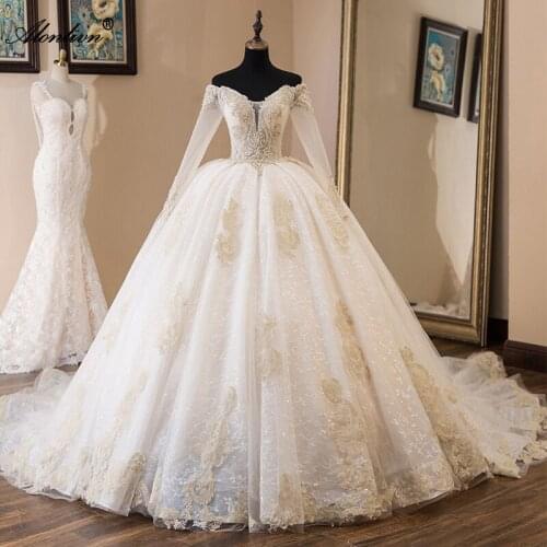 Alonlivn brilliant Lace Sweetheart Wedding Gowns Long Sleeves Beading Crystals Appliques Off The Shoulder Ball Gown Bride Dress