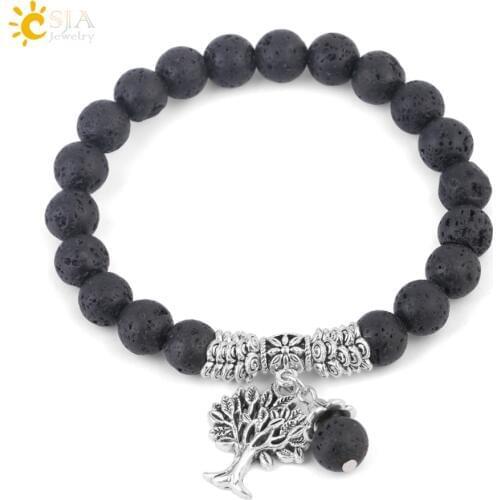 CSJA Black Lava Gem Stone Volcanic Beads Bracelets Bangles for Men Chakra Tree of Life Diffuser Healing Adjustable Bracelet F997