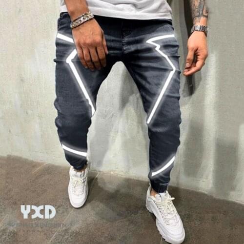 Mens Pants 2021 New Reflective Strip Streetwear Night Hip Hop Jeans For Men Casual Pants Man Skateboard Harajuku Jogger Trouser