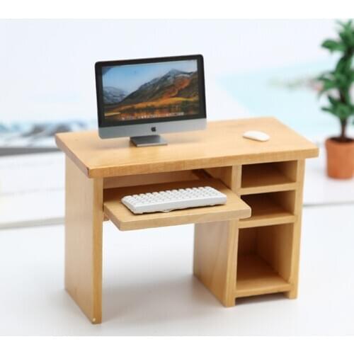 Mini Wooden Computer Desk with Mouse and Keyboard Toy Miniature Study Room Ornaments Dollhouse 1:12 House Model Decor Supplies