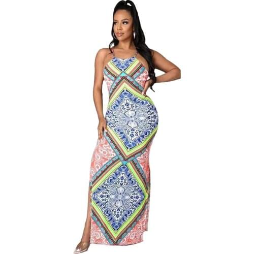 Aesthetic Print Backless Floor Length Party Dress Women Spaghetti Strap Double Side Spilt Dresses Sexy Body-Shaping Vestidos