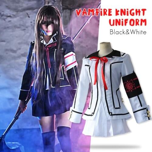 Anime Vampire Knight Cosplay Costume Yuki Day Night Costume Uniform Girls Cross Black White Jacket Shirt Dress Armband Wig