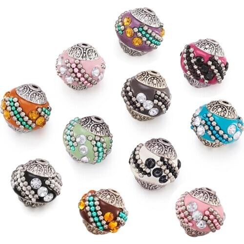 10pcs Round Handmade Indonesia Loose Elegant Jewelry Making Bracelet Bijoux Beads Rhinestones Alloy Antique Silver Color