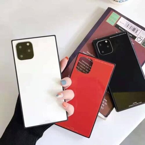Fashion Solid Candy Color Square Tempered Glass Case For iPhone XS 11 Pro Max XR X 8 7 6 6S Plus Cover Soft TPU Shockproof Cases