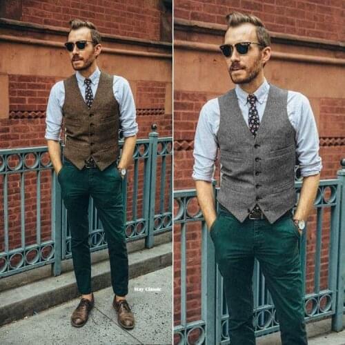 Mens Vest Coffee V Neck Solid Color Cotton Blended Single Breasted Slim Fit For Casual Daily Waistcoat Men Clothing 2021