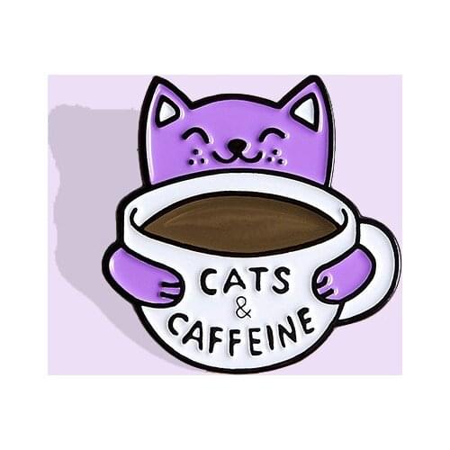 New Purple Cat Coffee Cup Brooch Pet Animal Badge Funny Cartoon Cute Jewelry Creative Student Female Pins Enamel