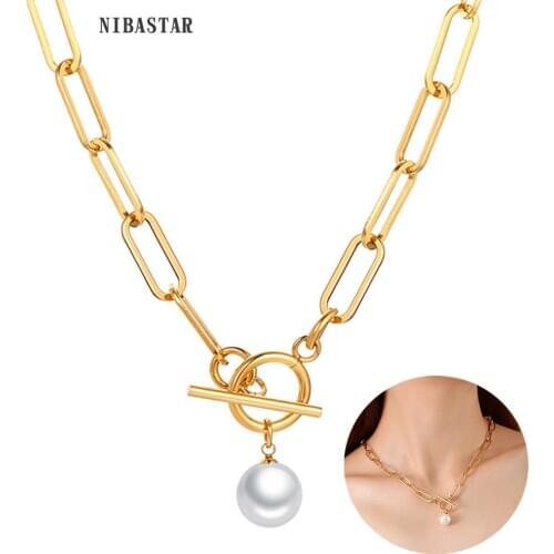 NIBASTAR Gold Toggle Clasp Necklace For Women Fashion Stainless Steel Paper Pendant Chain For Girl Choker Hot Jewelry