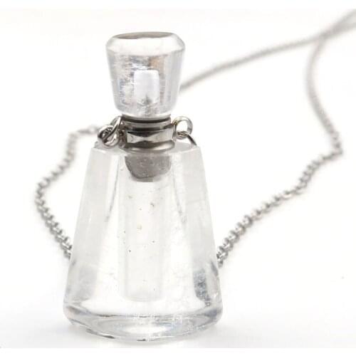 Silver Plated Geometric Natural Rock Crystal Perfume Bottle Pendant Green Fluorite Stone Necklace Fashion Jewelry