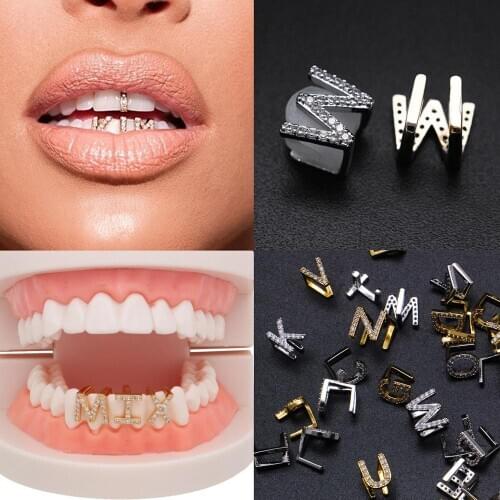 Gold Full CZ Zircon Letter Grillz Brace Punk Hip Hop Up Bottom Dental Mouth Fang Grills Vampire Tooth Cap Cosplay Rap Jewelry