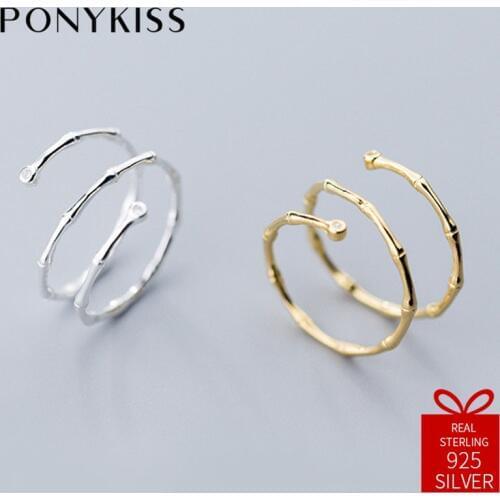 PONYKISS Trendy 100% 925 Sterling Silver Zircon Bamboo Festival Resizable Opening Ring Women Party Delicate Accessory Fine Gift