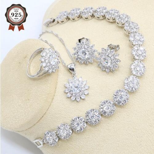White Zircon Silver Color Wedding Jewelry Set for Women Bracelet Stud Earring Necklace Pendant Ring Gift Box