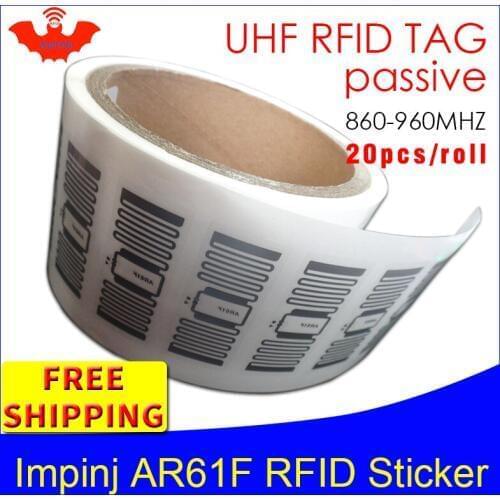 UHF sticker RFID tag impinj MonzaR6 AR61F wet inlay 915m 860-960mhz EPC 6C 20pcs free shipping self-adhesive passive RFID label
