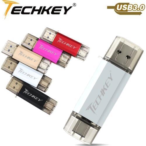 TECHKEY USB 3.0 Type-C 3.1 usb flash drive 3.0 64GB Metal Custom Pen Drive 32GB USB Stick 16GB for Phones Micro USB Flash Type C