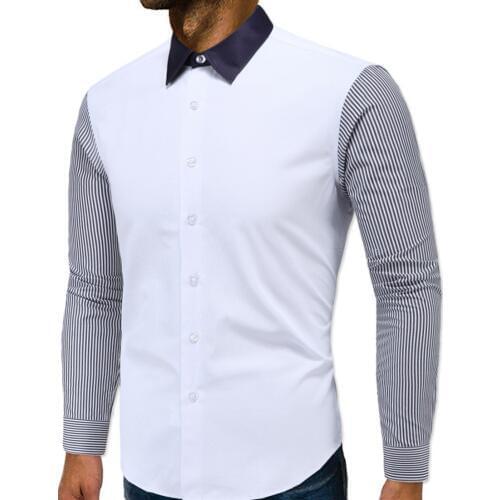 JJ-D007 New Fashion M-5XL Spring & Autumn Clothing Plus Size Mens Big-size Striped Stitched Long-sleeved Mens Dress Shirts