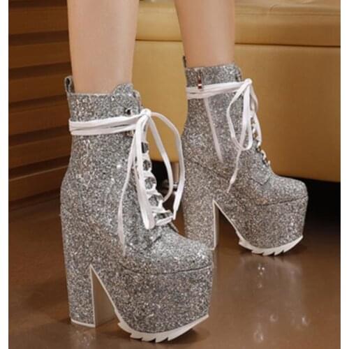 Silver Black Bling Bling High Platform Ankle Boots Super Chunky Heel Women Bandage Lace up Sequins Boots Winter Martin Boots