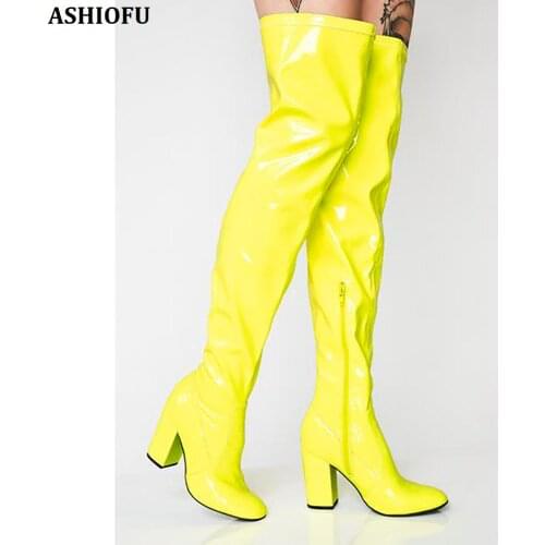 ASHIOFU Handmade New Women Chunky Heel Boots Sweet Party Prom Thigh High Boots Sexy Evening Fashion Long Boots Shoes