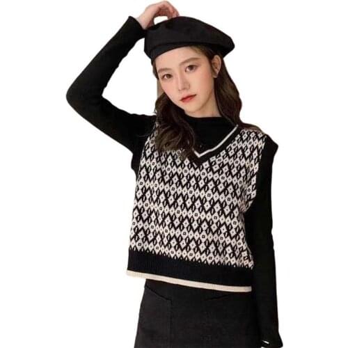 Womens plaid sweater 2021 Fashion Houndstooth Loose Knitted Vest V-neck Sleeveless Female Waistcoat tank Tops for Party Daily