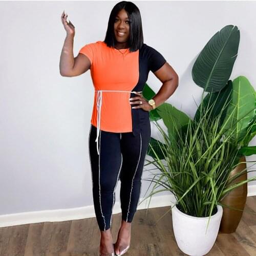 Women Fitness Two Piece Matching Set Color Block Spliced Short Sleeve T-shirt and Striped Pencil Legging Sexy Female Clothing