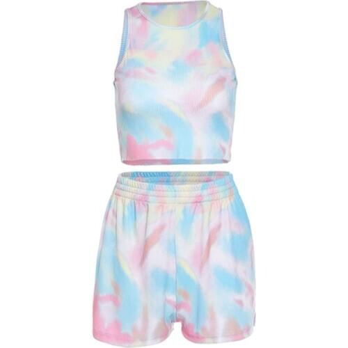 Women Tie-Dye Print Tracksuit Cropped Tank Top High Waist Split Shorts Outfits F42F