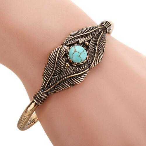 Personality Fashion Vintage Alloy Leaves Cuff Bracelet New Arrival Women Blue Stone Bangle Hot Wholesale
