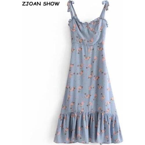 Summer Chic Floral Print Tie Bow Spaghetti Strap Dress Women Ruffles Wood ears Long Dresses Femme Vestidos