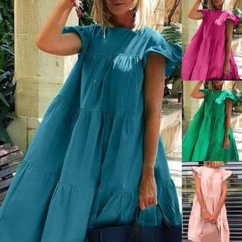 Elegant Women Dress Round Neck Short Sleeve Solid Color Summer Loose Midi Dress Women Clothing Casual Vestidos Femme Robe 2021